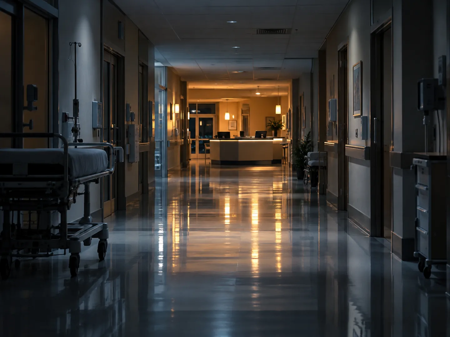 An empty hospital corridor at night with soft lighting and a nurses' station glowing in the distance