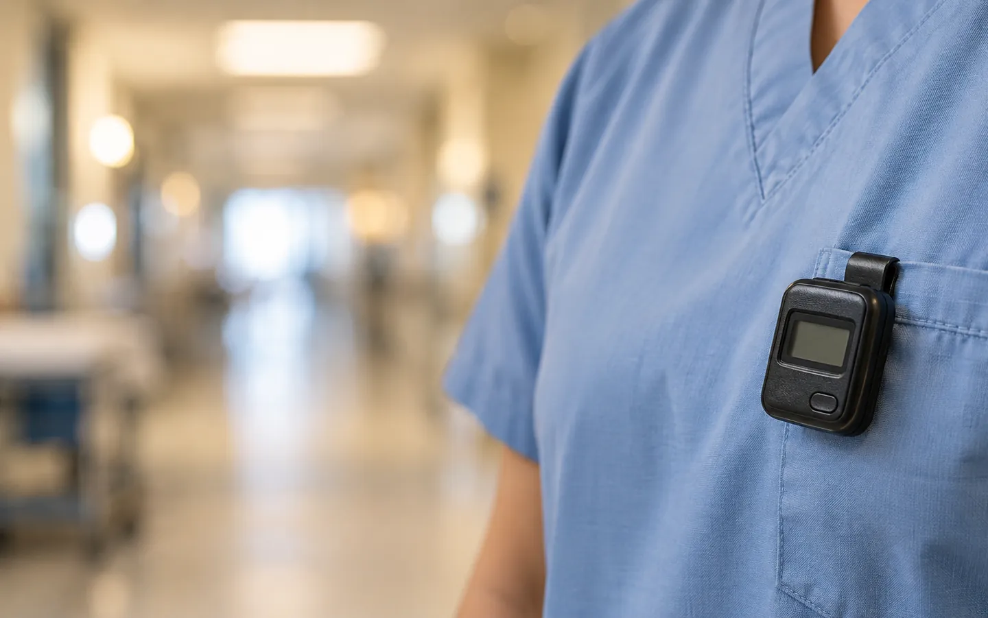 A small black pager clipped to the pocket of a pale blue hospital scrub top, seen close up in soft corridor light
